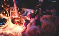 Romantic date night, wine, flowers, candles