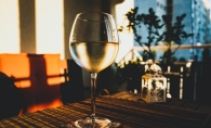 Wine glass in a kitchen.