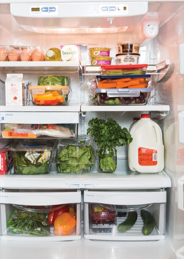 A fridge full of organized groceries