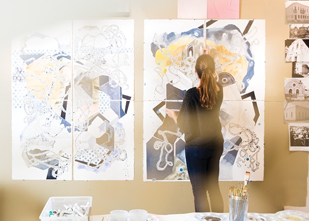 Keren Kroul Plymouth artist Keren Kroul stands before one of the works in her latest exhibition, "Topographies of Loss and Longing."