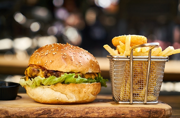 An impossible burger and fries. 