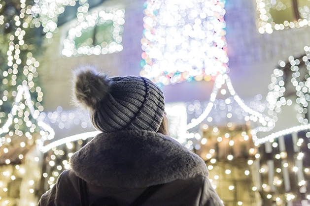 Looking at decorative outdoor lights at night