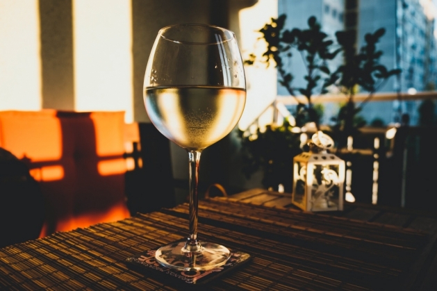 Wine glass in a kitchen.