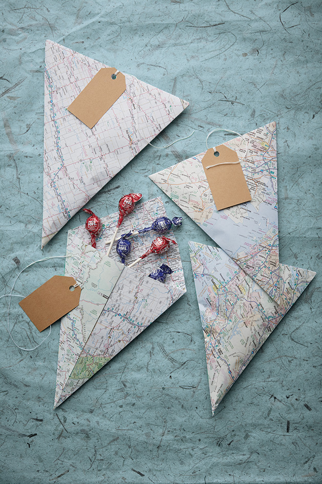 Gifts wrapped in maps.