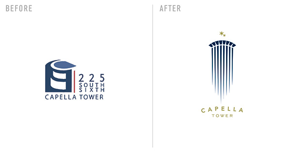 The Capella Tower logo, before and after a redesign by Sussner Design Company