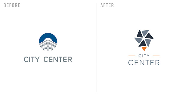 The City Center logo, before and after a redesign by Sussner Design Company