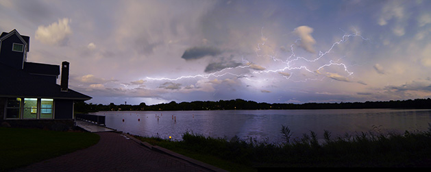 A panoramic shot of a storm over Parkers Lake
